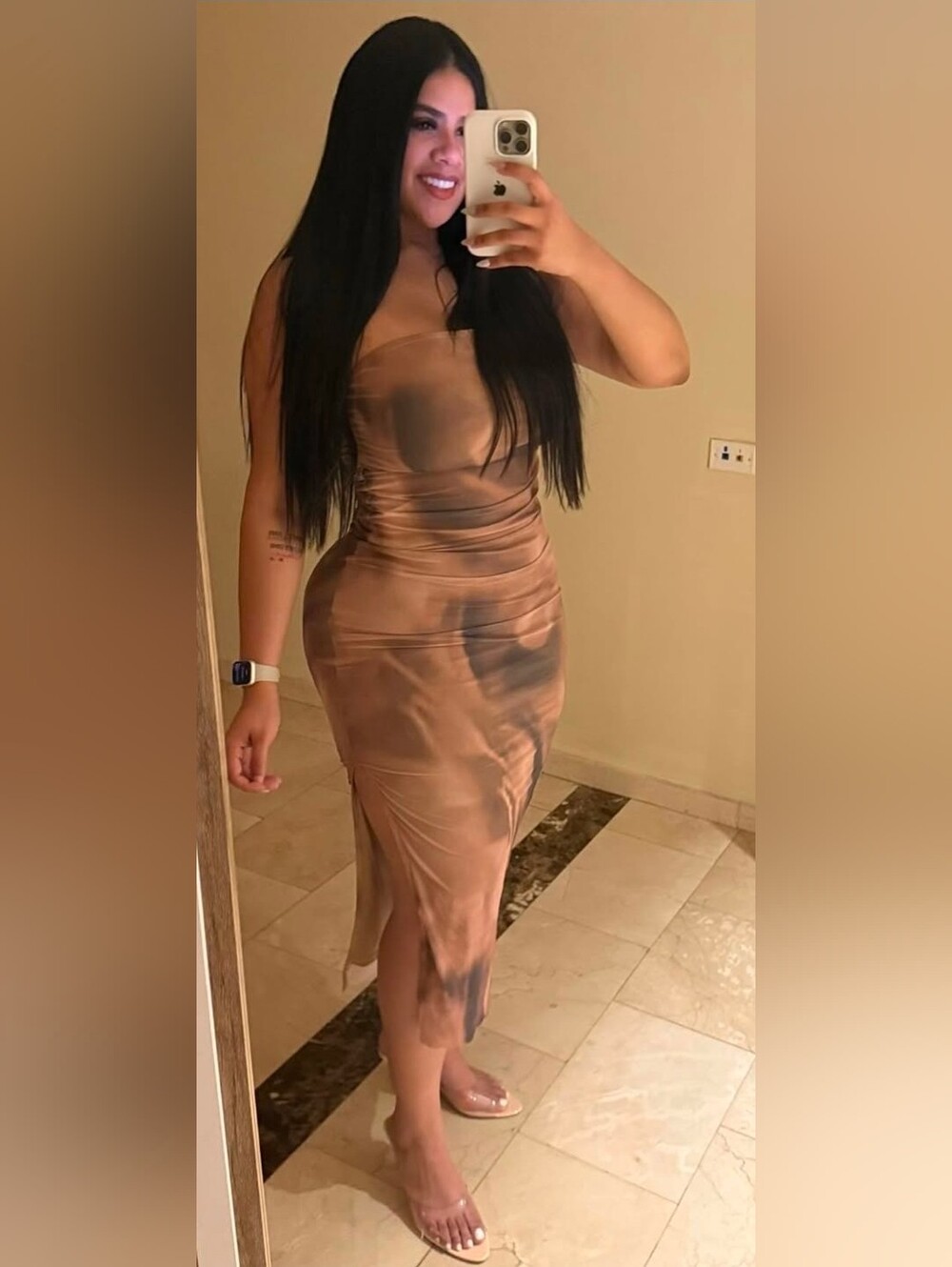 Strapless Brown Tie-Dye Midi Dress